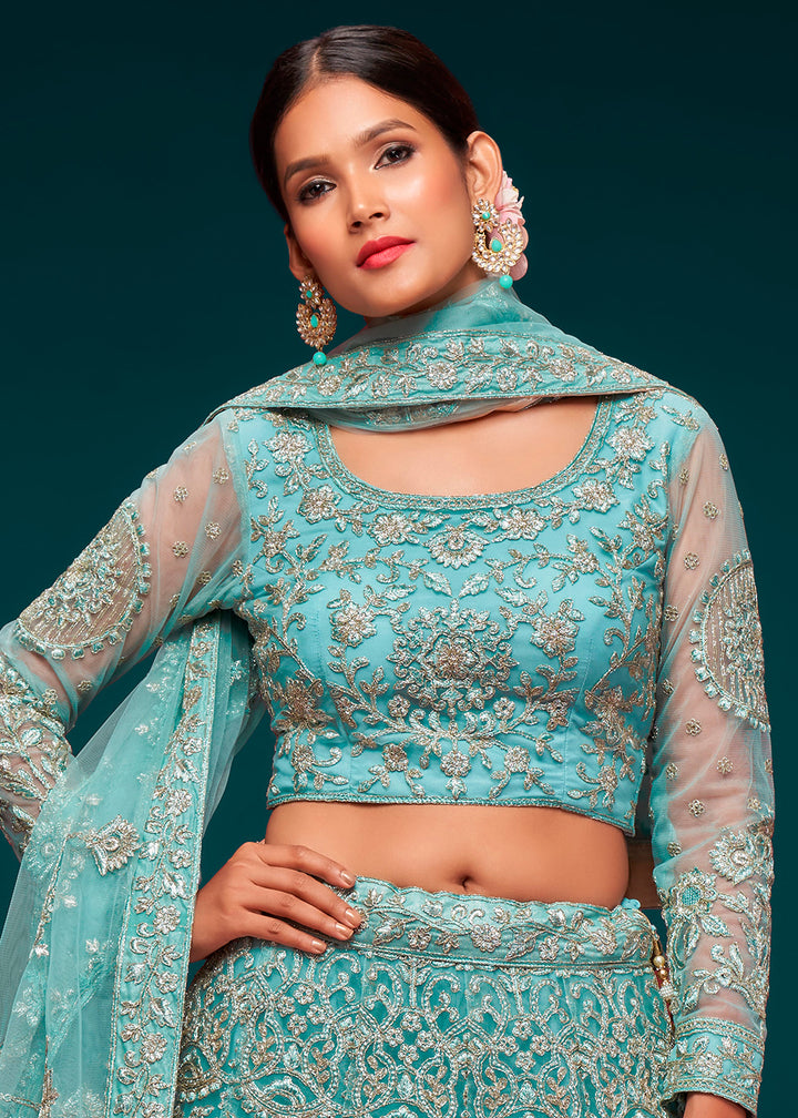 Pacific Blue Soft Net Lehenga Choli with Thread, Zari & Badla work