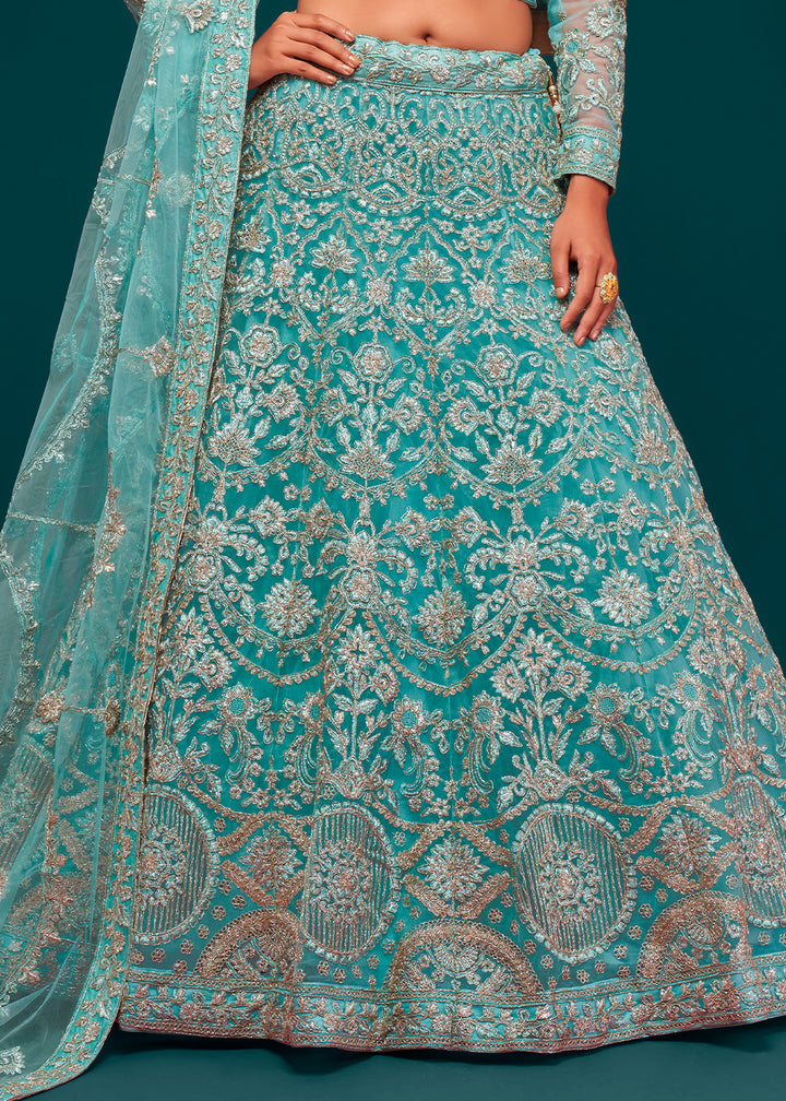 Pacific Blue Soft Net Lehenga Choli with Thread, Zari & Badla work