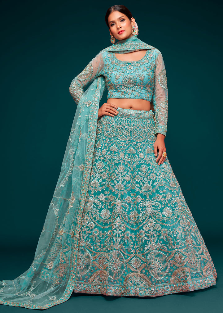 Pacific Blue Soft Net Lehenga Choli with Thread, Zari & Badla work