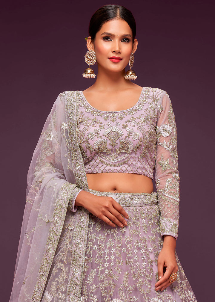 Dusky Orchid Purple Soft Net Lehenga Choli with Thread, Zari & Badla work