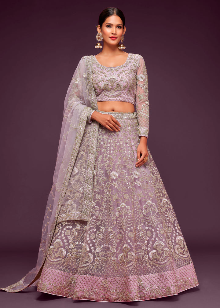 Dusky Orchid Purple Soft Net Lehenga Choli with Thread, Zari & Badla work