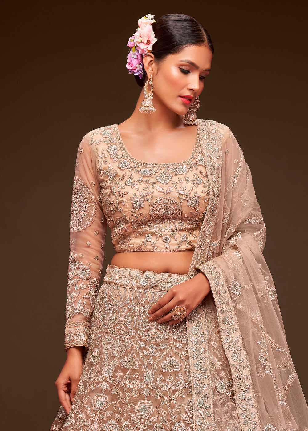 Light Brown Soft Net Lehenga Choli with Thread, Zari & Badla work