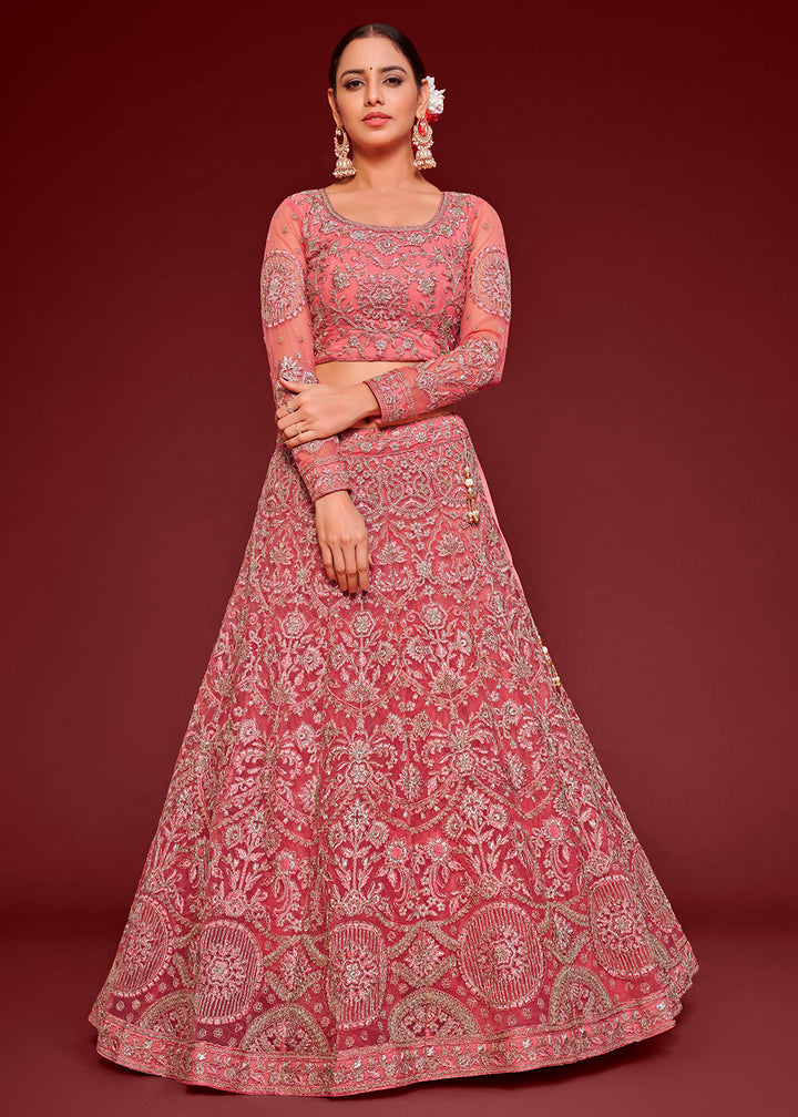 Dazzle Pink Soft Net Lehenga Choli with Thread, Zari & Badla work