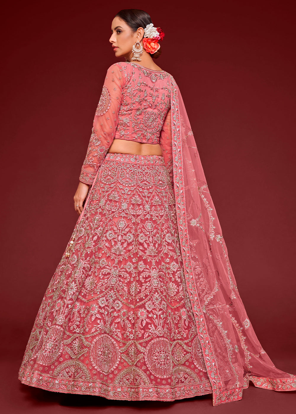 Dazzle Pink Soft Net Lehenga Choli with Thread, Zari & Badla work