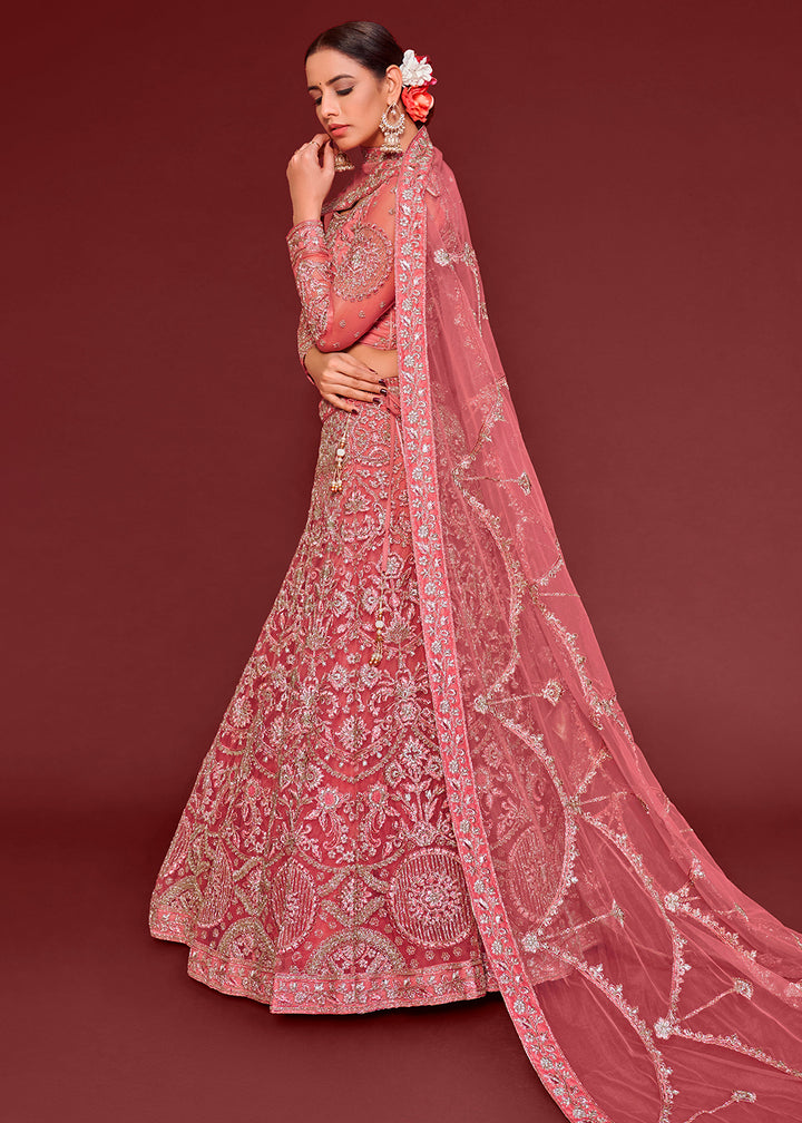 Dazzle Pink Soft Net Lehenga Choli with Thread, Zari & Badla work