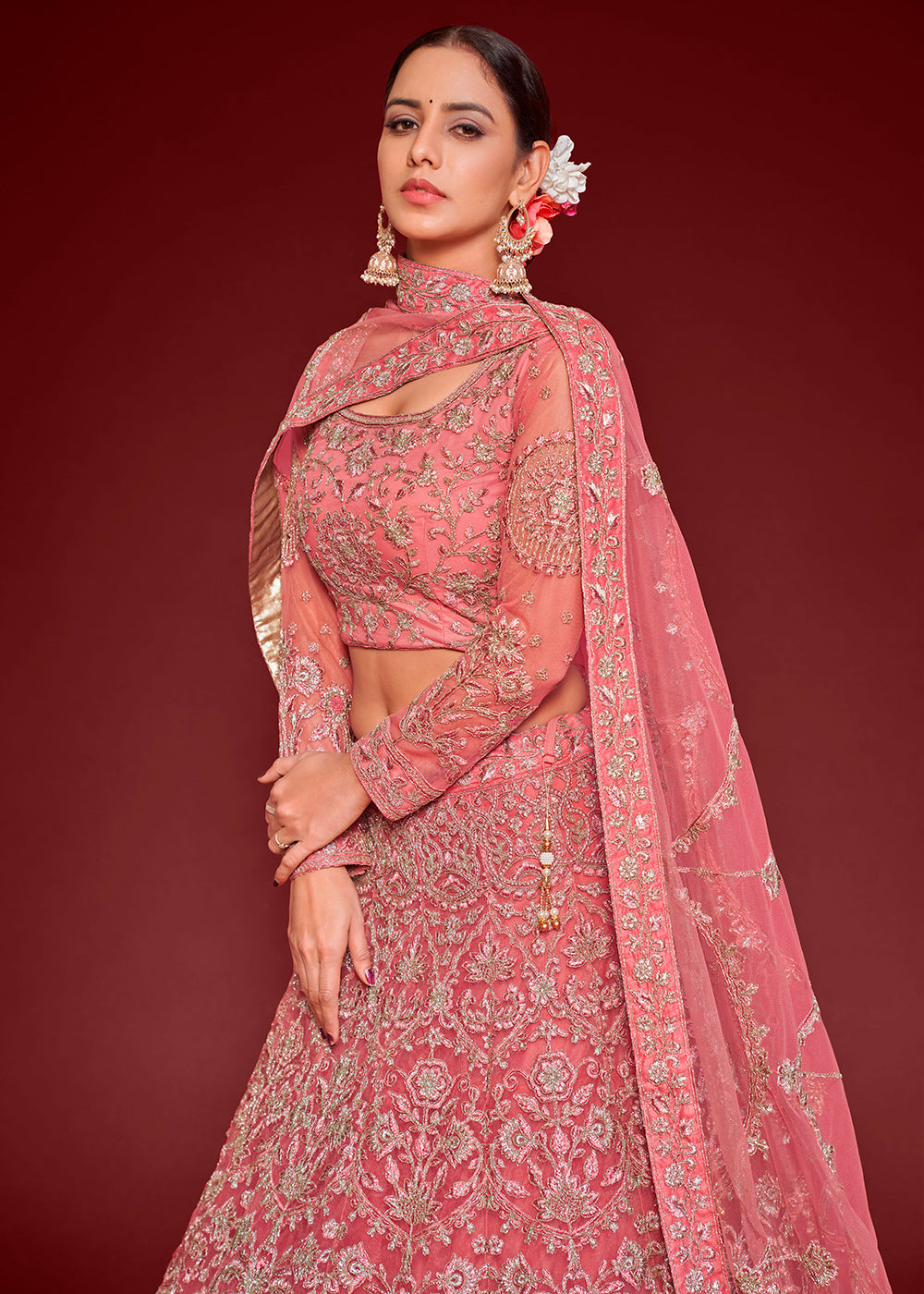 Dazzle Pink Soft Net Lehenga Choli with Thread, Zari & Badla work