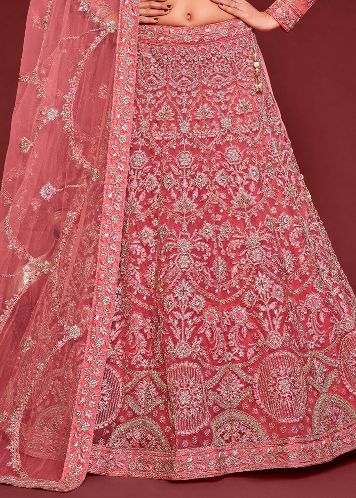 Dazzle Pink Soft Net Lehenga Choli with Thread, Zari & Badla work