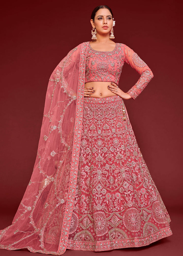 Dazzle Pink Soft Net Lehenga Choli with Thread, Zari & Badla work