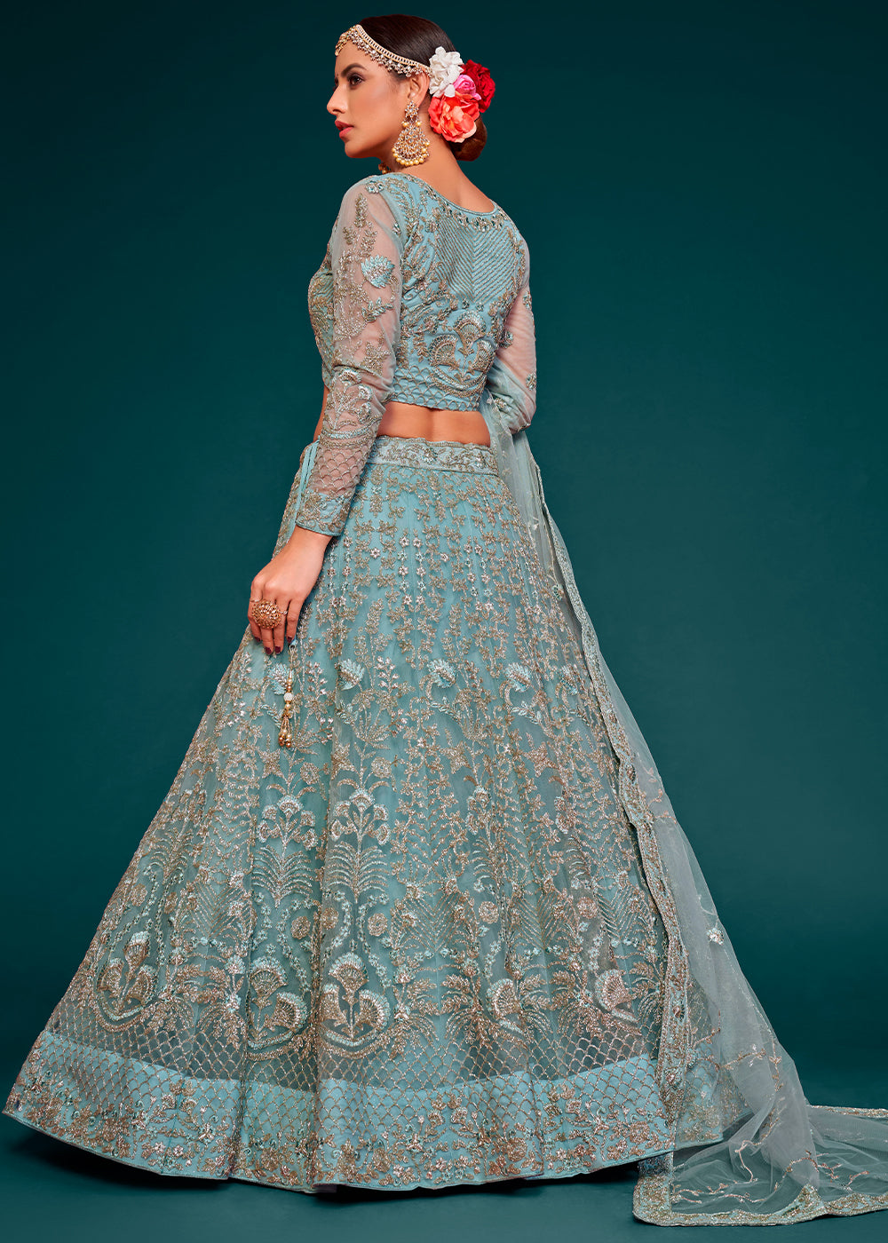 Blizzard Blue Soft Net Lehenga Choli with Thread, Zari & Badla work