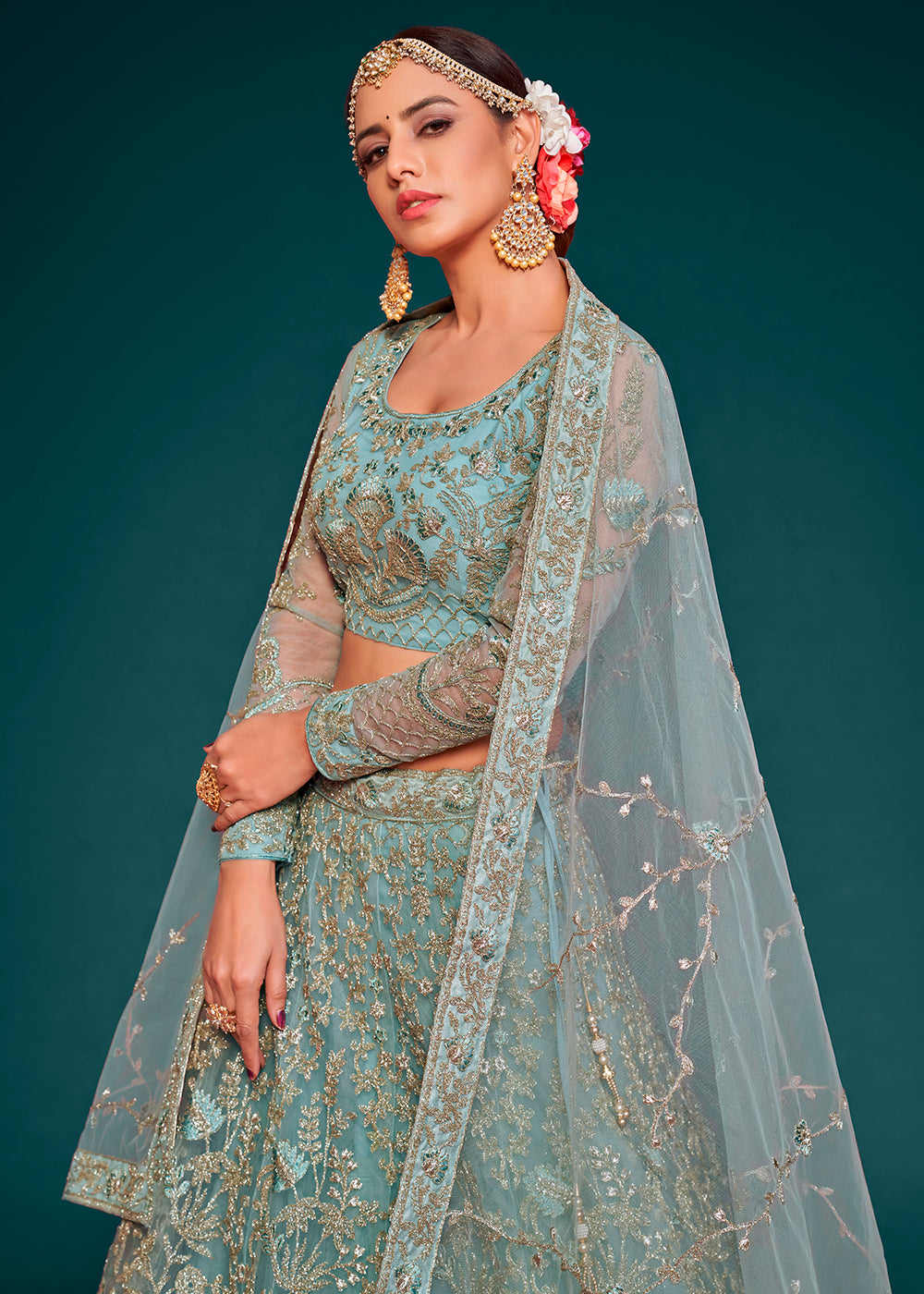 Blizzard Blue Soft Net Lehenga Choli with Thread, Zari & Badla work