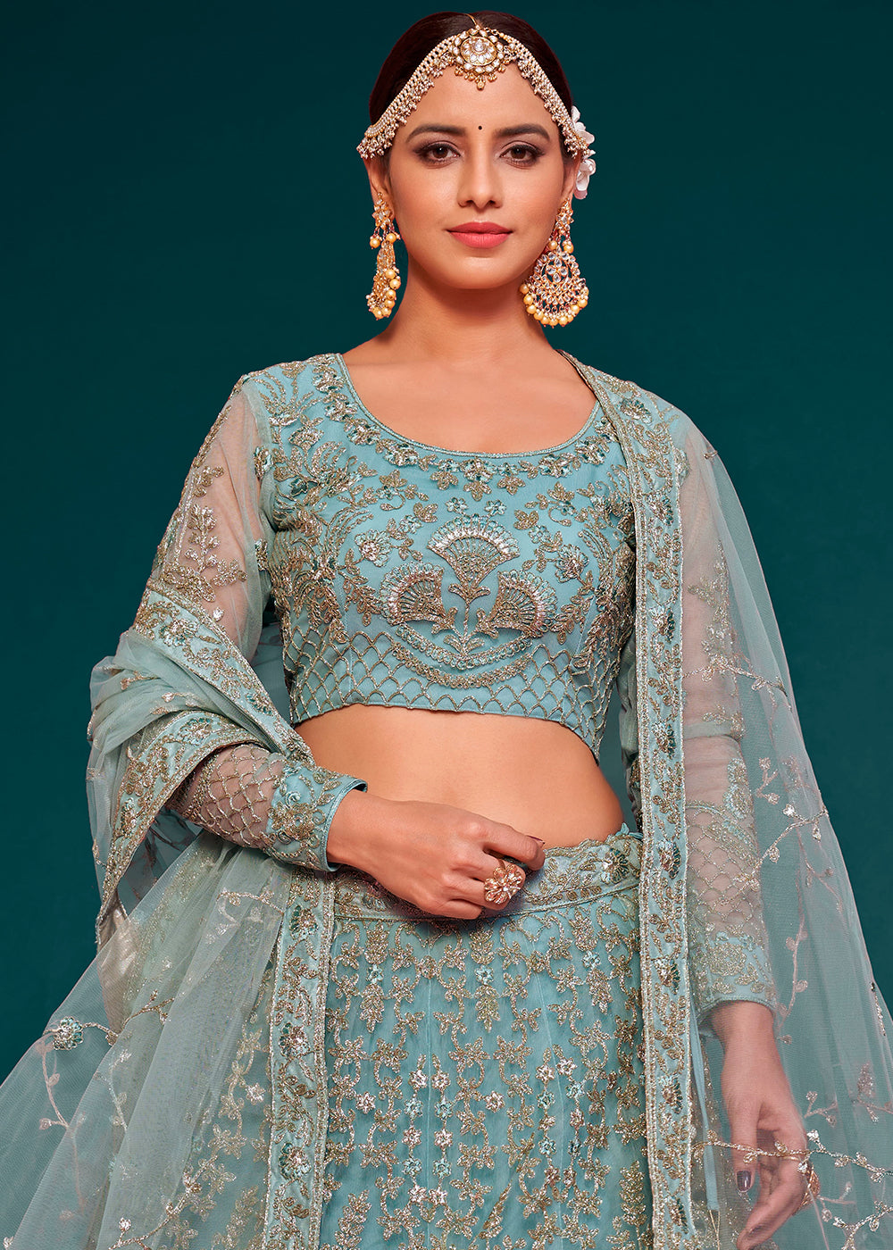 Blizzard Blue Soft Net Lehenga Choli with Thread, Zari & Badla work