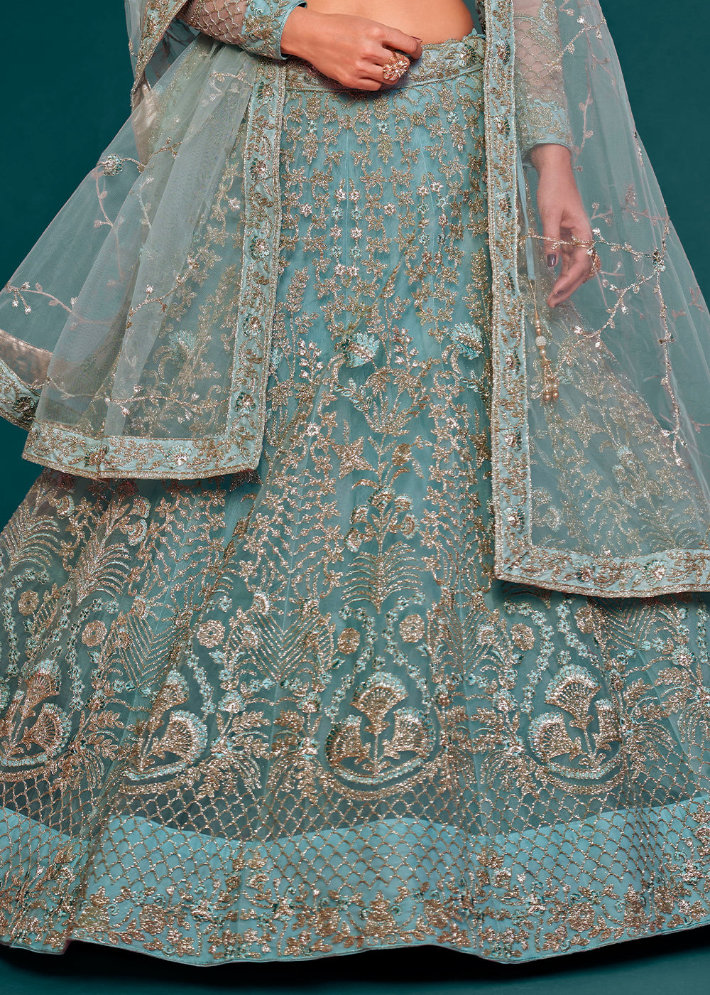 Blizzard Blue Soft Net Lehenga Choli with Thread, Zari & Badla work