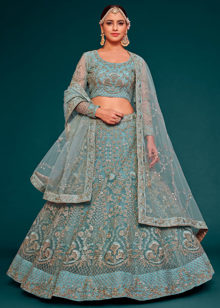 Blizzard Blue Soft Net Lehenga Choli with Thread, Zari & Badla work