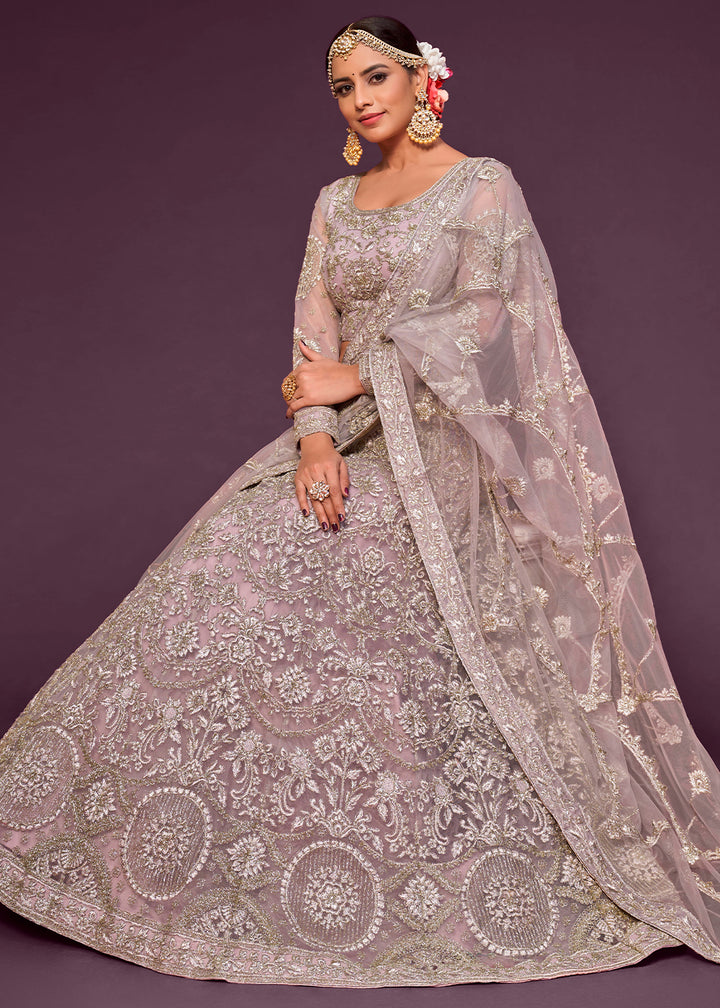 Lilac Purple Soft Net Lehenga Choli with Thread, Zari & Badla work