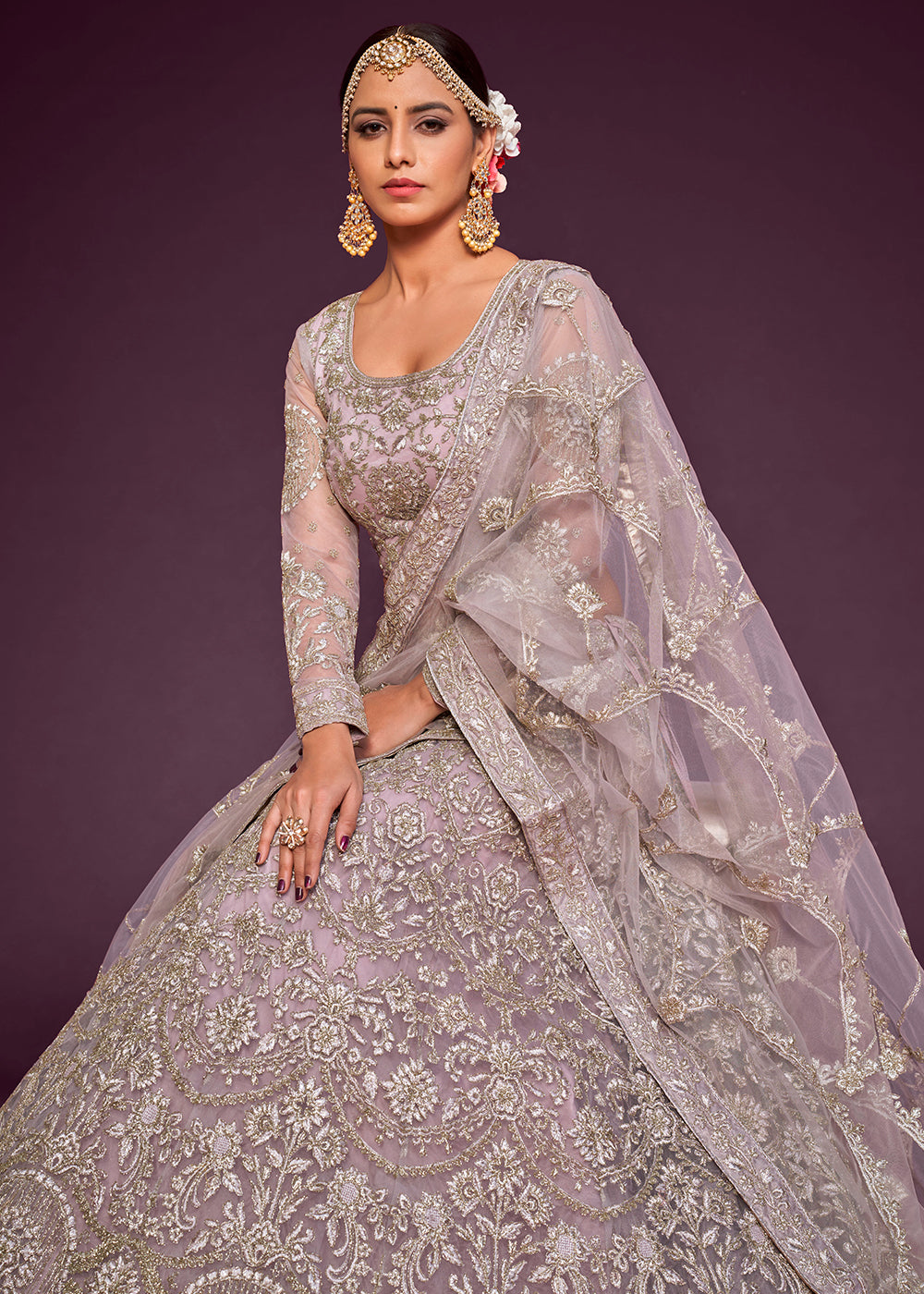 Lilac Purple Soft Net Lehenga Choli with Thread, Zari & Badla work