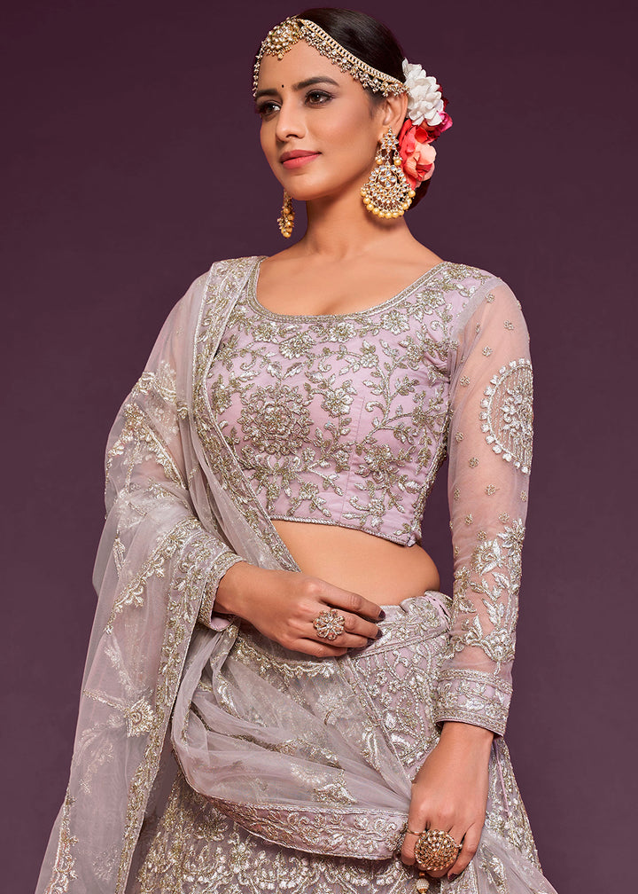 Lilac Purple Soft Net Lehenga Choli with Thread, Zari & Badla work