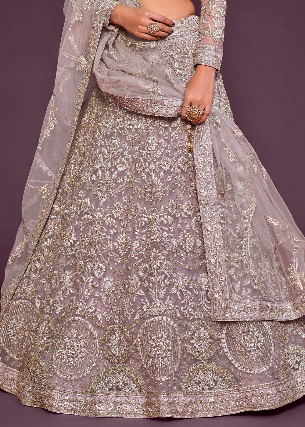 Lilac Purple Soft Net Lehenga Choli with Thread, Zari & Badla work