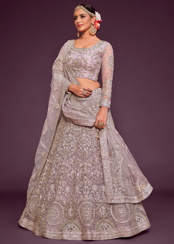 Lilac Purple Soft Net Lehenga Choli with Thread, Zari & Badla work