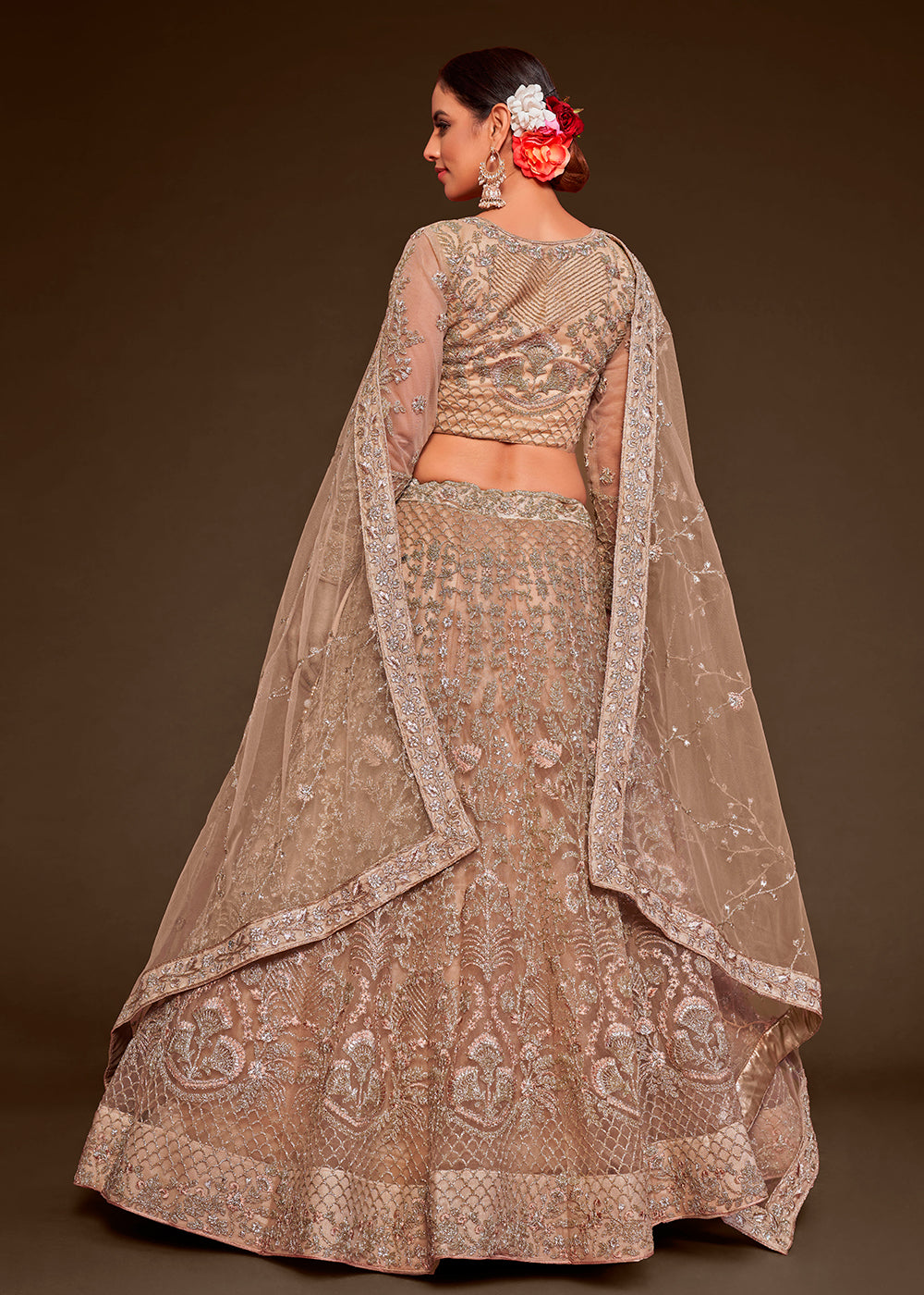 Shades Of Brown Soft Net Lehenga Choli with Thread, Zari & Badla work