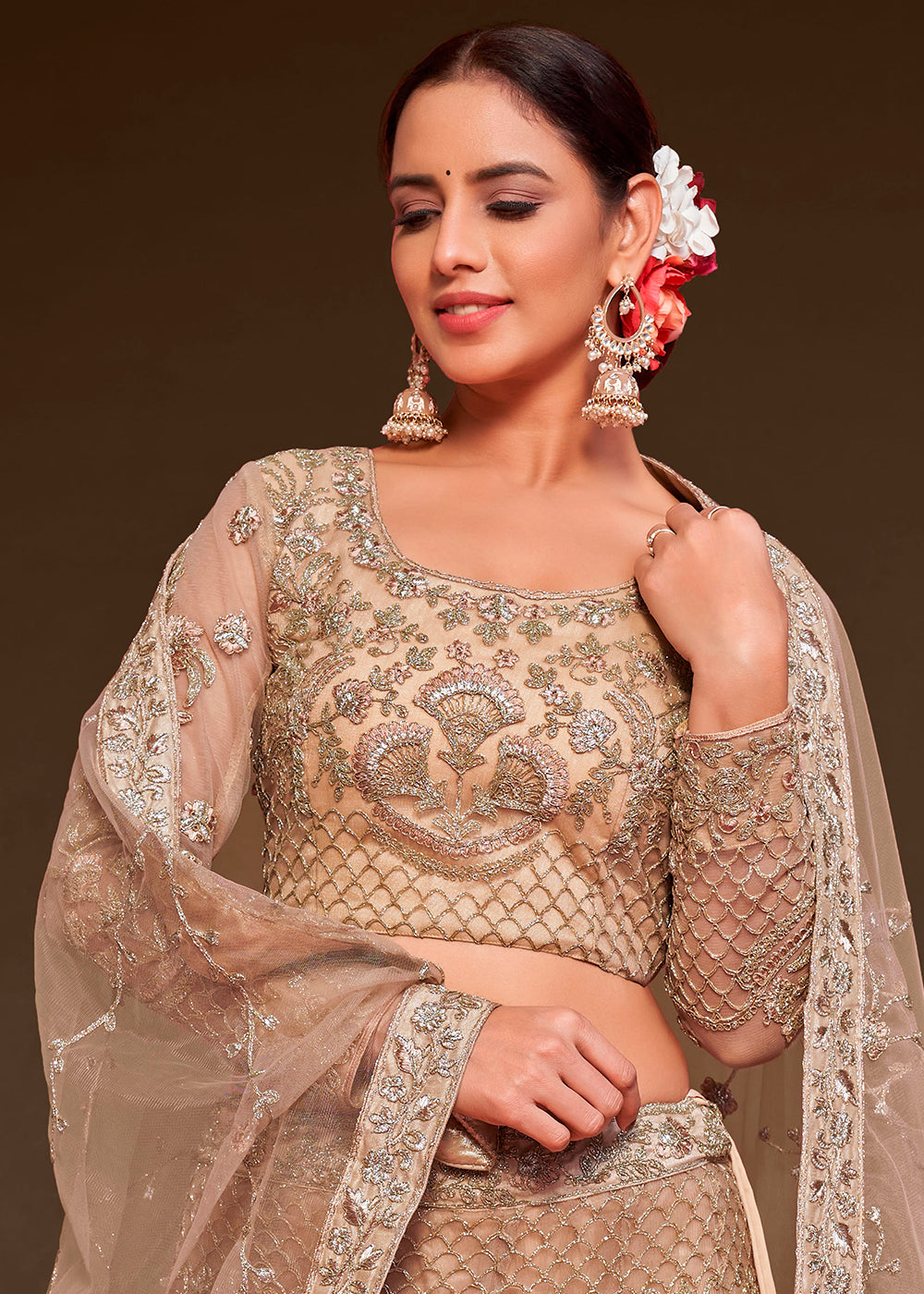 Shades Of Brown Soft Net Lehenga Choli with Thread, Zari & Badla work