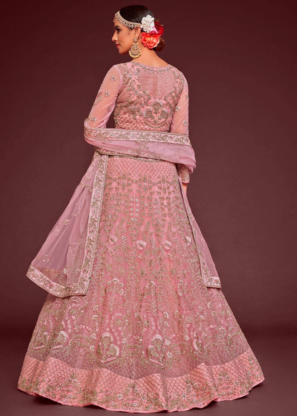 Pinkish Purple Soft Net Lehenga Choli with Thread, Zari & Badla work