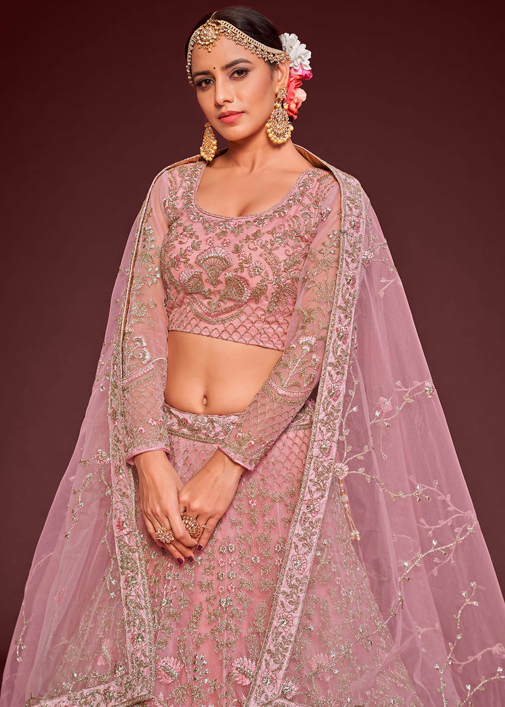 Pinkish Purple Soft Net Lehenga Choli with Thread, Zari & Badla work