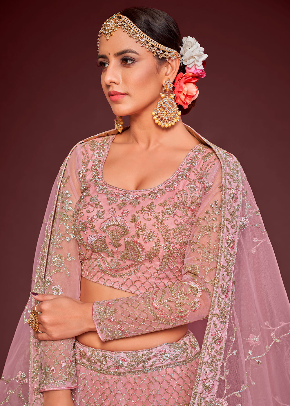 Pinkish Purple Soft Net Lehenga Choli with Thread, Zari & Badla work