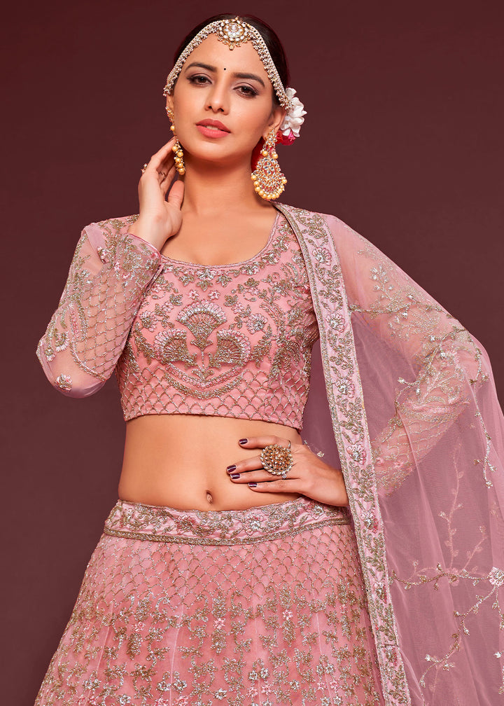 Pinkish Purple Soft Net Lehenga Choli with Thread, Zari & Badla work