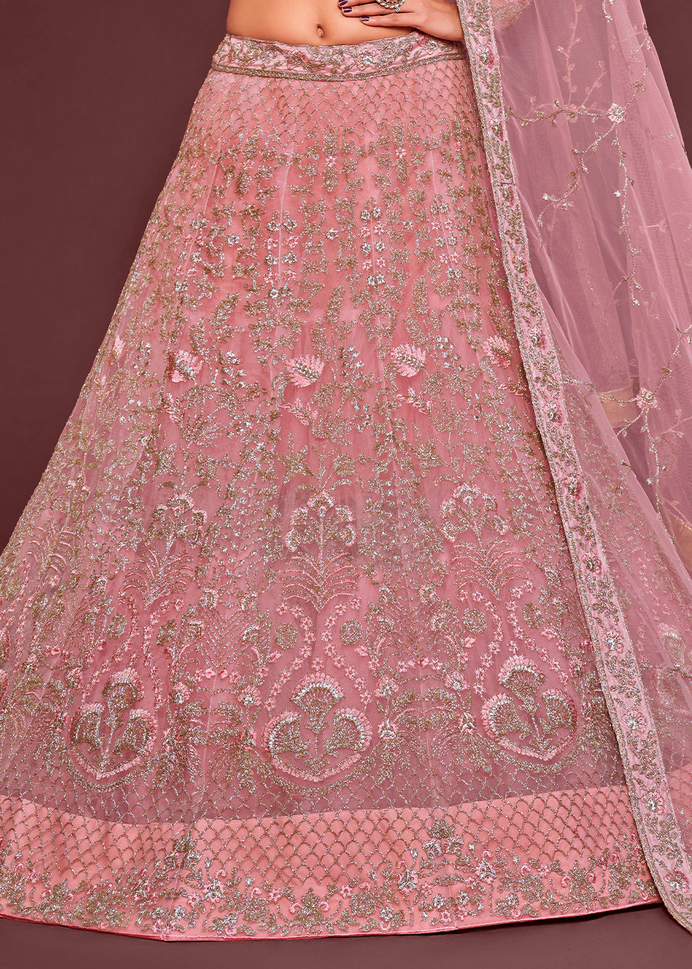 Pinkish Purple Soft Net Lehenga Choli with Thread, Zari & Badla work