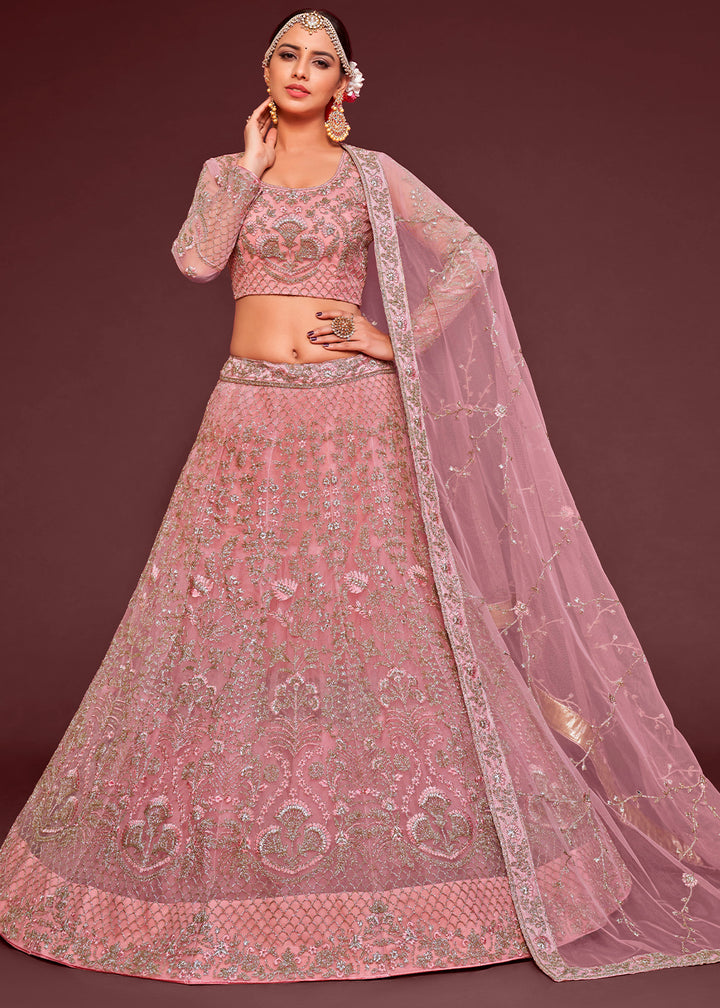 Pinkish Purple Soft Net Lehenga Choli with Thread, Zari & Badla work