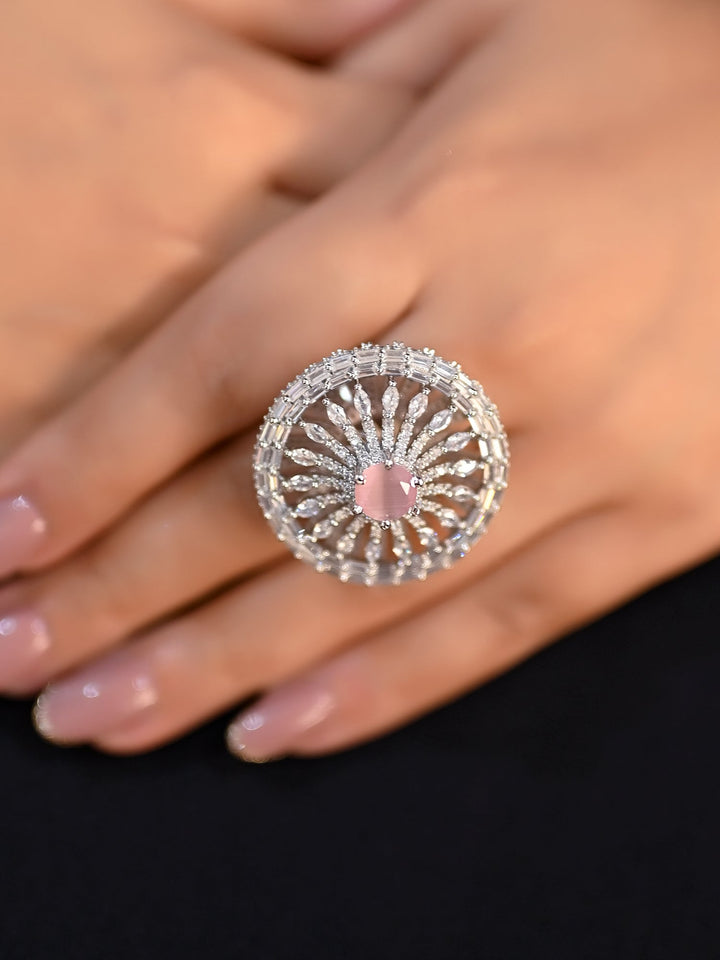 Nilambari Round Baby Pink Silver Ring