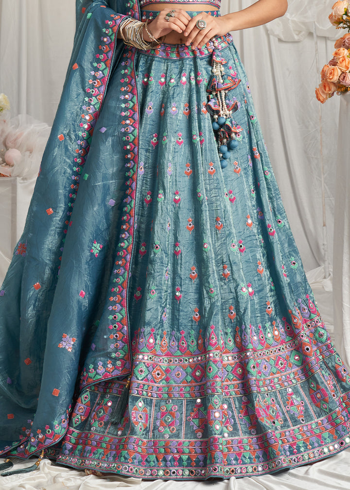 Teal Blue Organza Lehenga Choli Adorned with Sequins & Mirror Embroidery