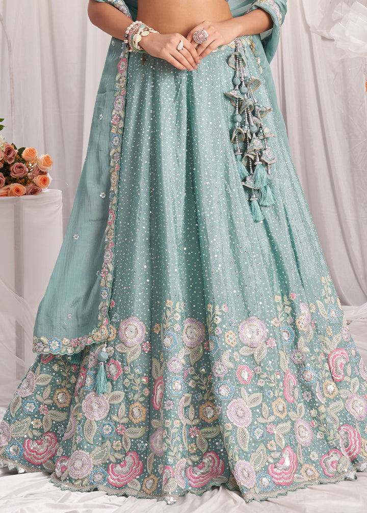 Light Sea Green Chiffon Lehenga Choli Adorned with Sequins & Thread Embroidery