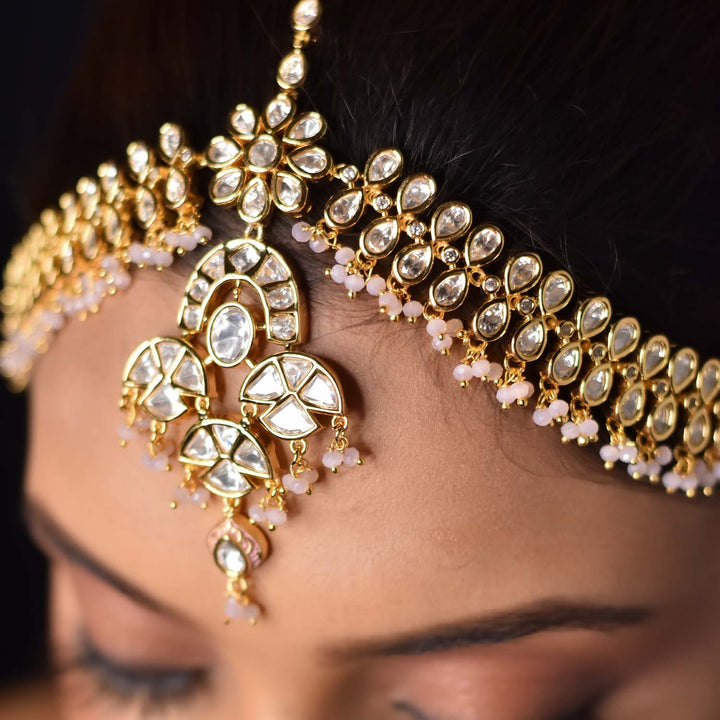 Mira Gold Plated Baby Pink Kundan Mathapatti