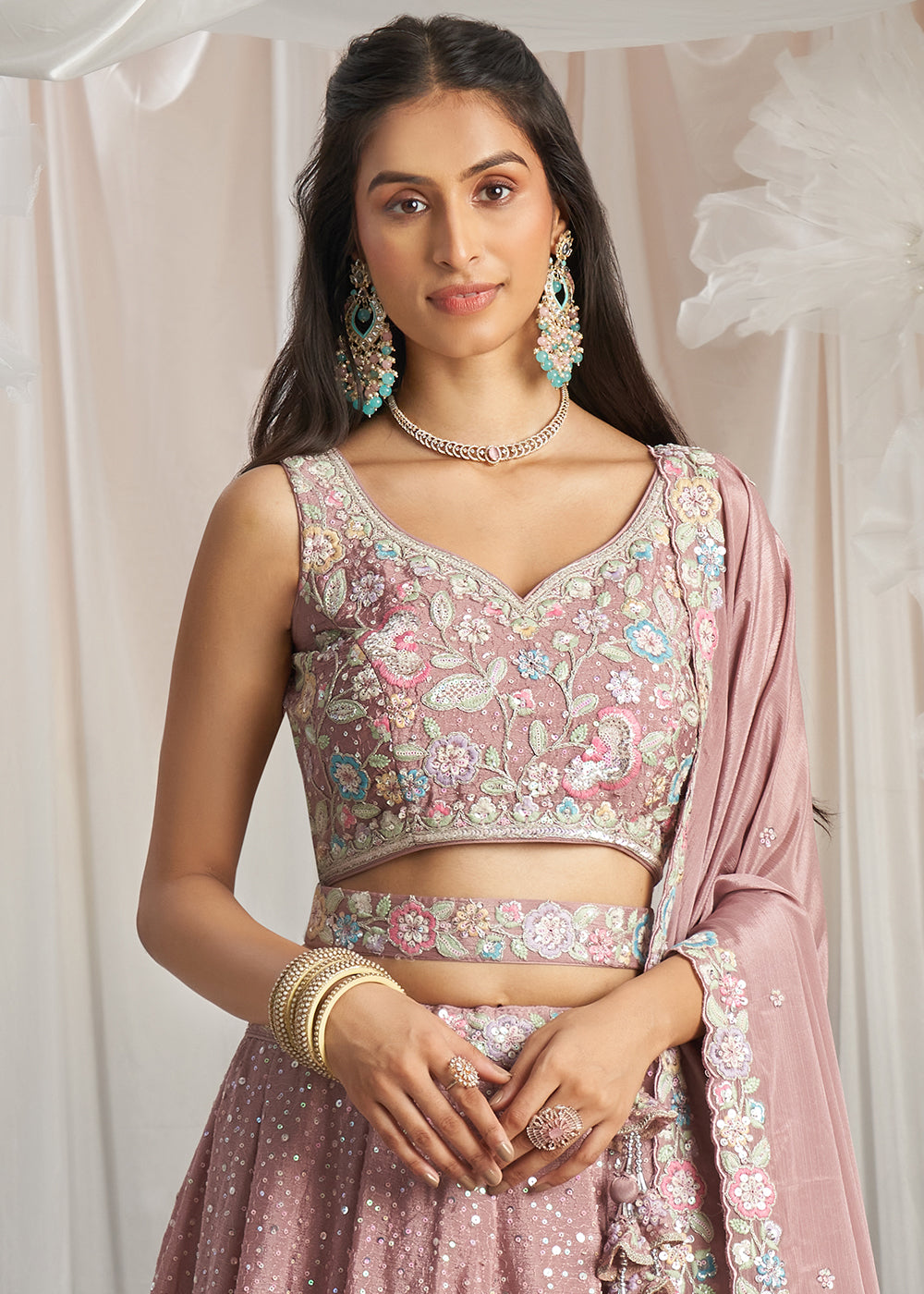 Rose Gold Pink Chiffon Lehenga Choli Adorned with Sequins & Thread Embroidery