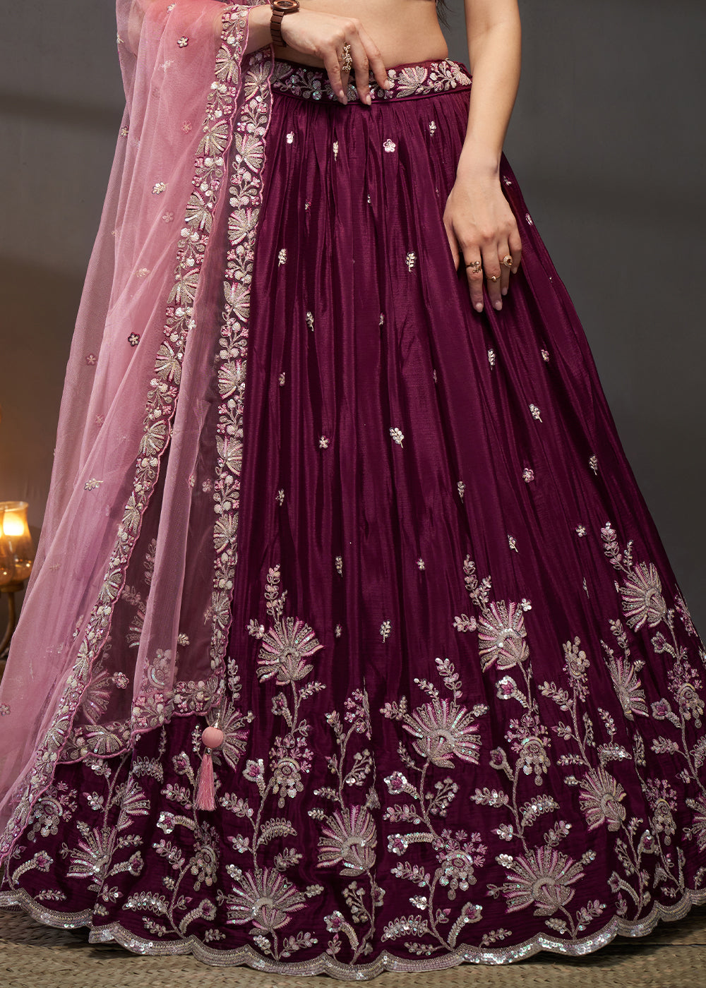 Claret Purple Chiffon Lehenga Choli Adorned with Sequins Embroidery