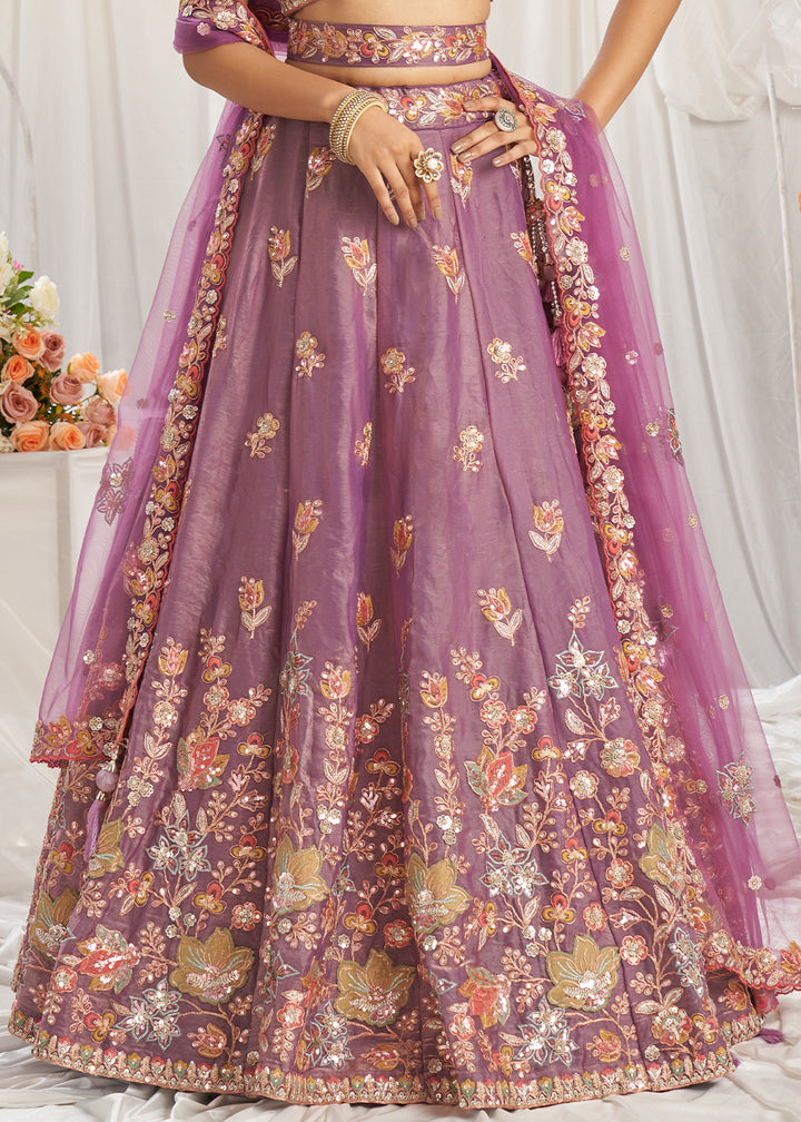 Lilac Purple Organza Lehenga Choli Adorned with Sequins Embroidery Work