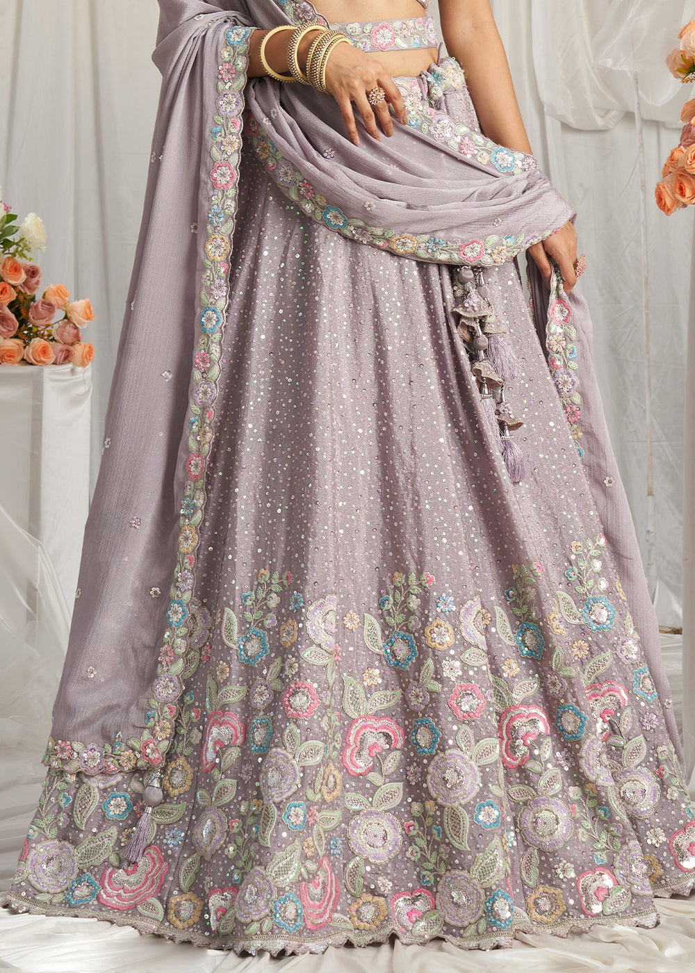 Periwinkle Purple Chiffon Lehenga Choli Adorned with Sequins & Thread Embroidery