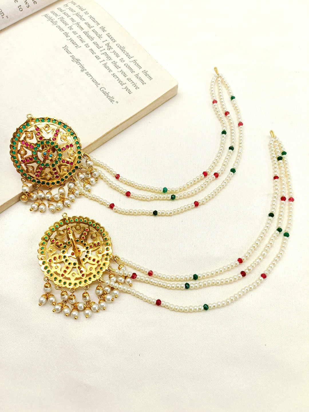 Triguni Multi Colour Jadau Earrings With Side Chain