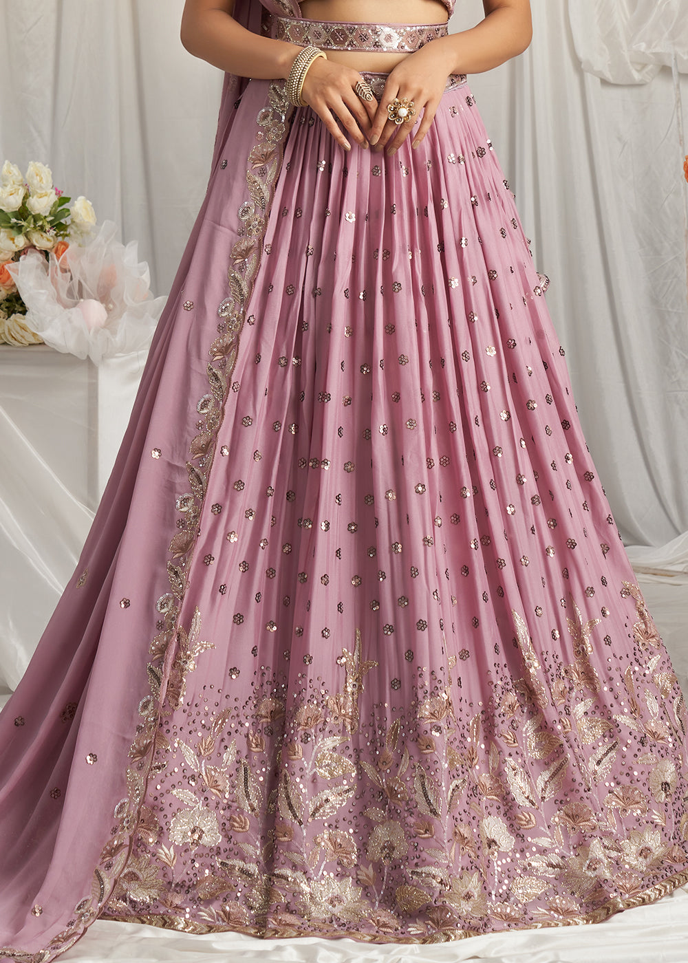 Lilac Purple Georgette Lehenga Choli Adorned with Sequins Work