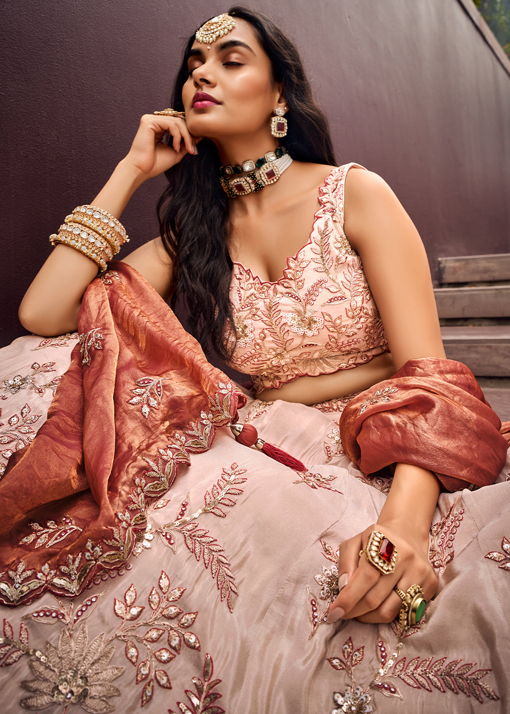 Rose Gold Pink Viscose Rayon Lehenga Choli Adorned with Sequins Embroidery Work