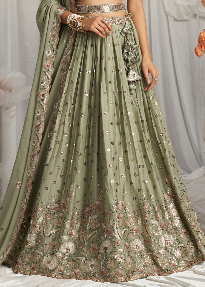 Clover Green Georgette Lehenga Choli Adorned with Sequins Work