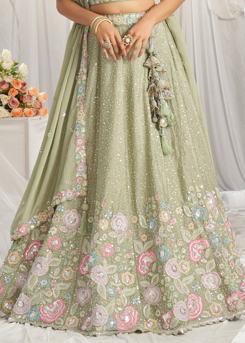 Lime Green Chiffon Lehenga Choli Adorned with Sequins & Thread Embroidery