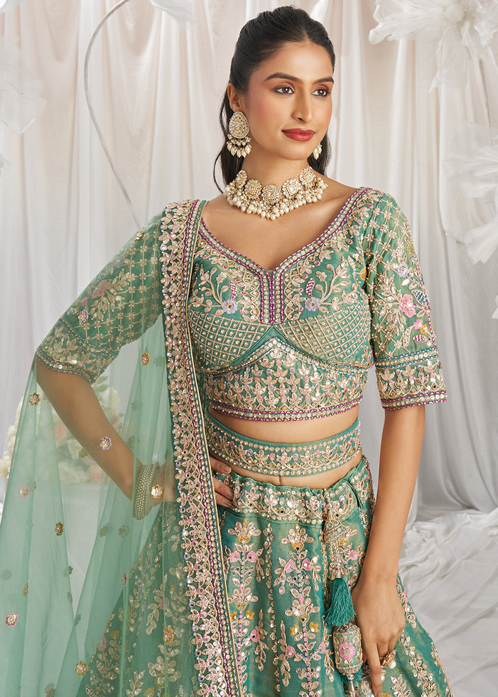 Sea Green Tissue Lehenga Choli  Adorned with Pearl and Gotapatti Embroidery: The Bride's Edit