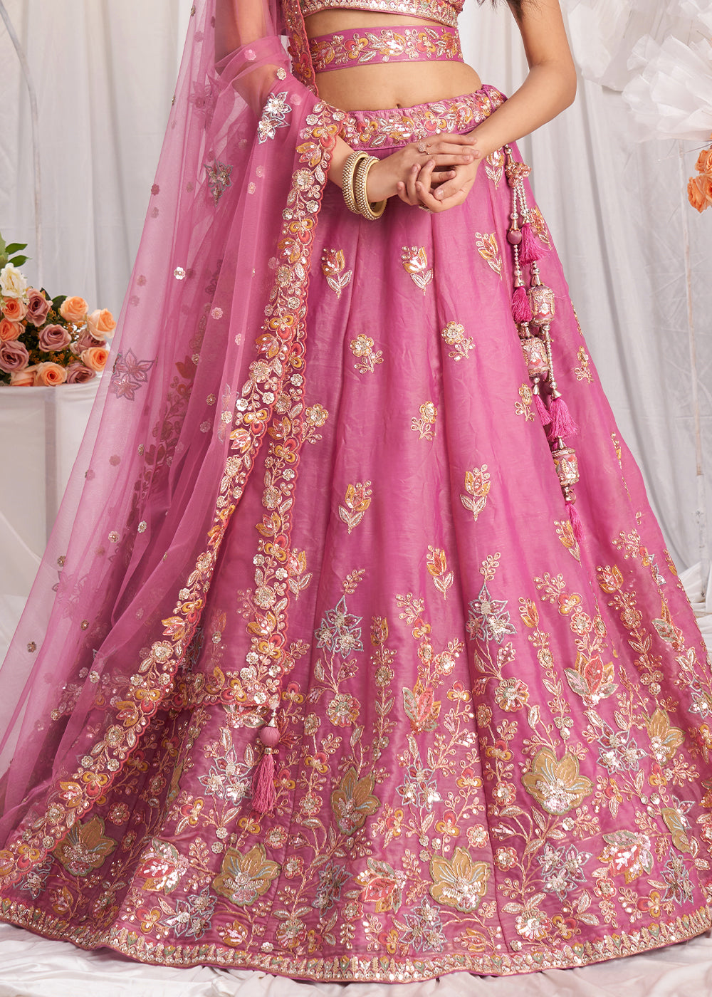 Deep Pink Organza Lehenga Choli Adorned with Sequins Embroidery Work