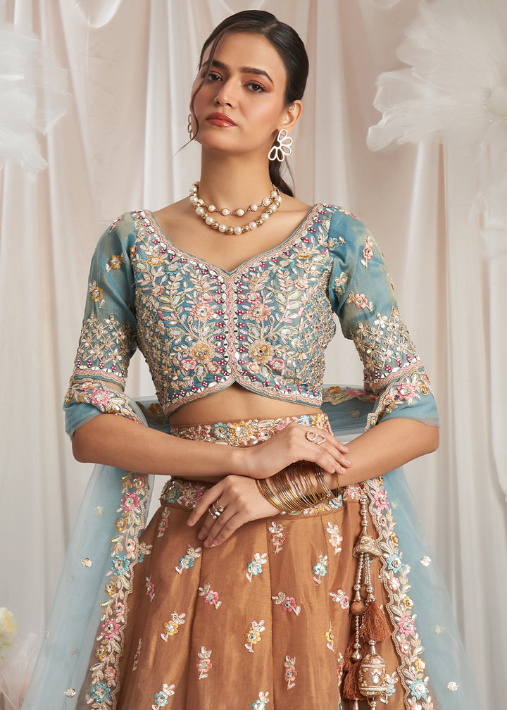 Mustard Yellow & Blue Net Lehenga Choli Adnored with Pearl & Gotapatti Embroidery work: The Bride's Edit