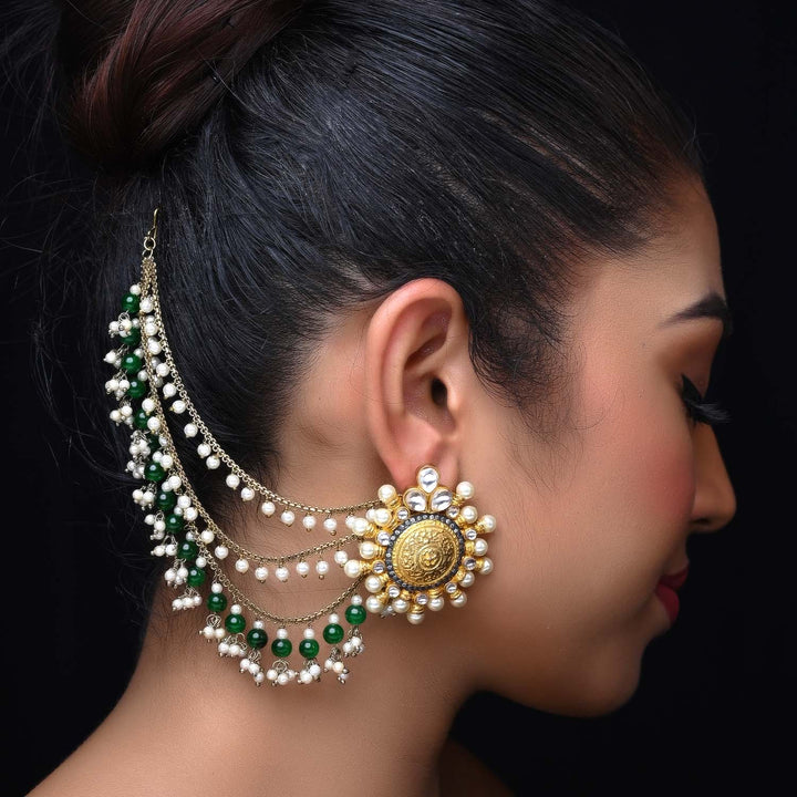 Manpreet Green Emerald Gold Plated Ear Chain - Kaan
