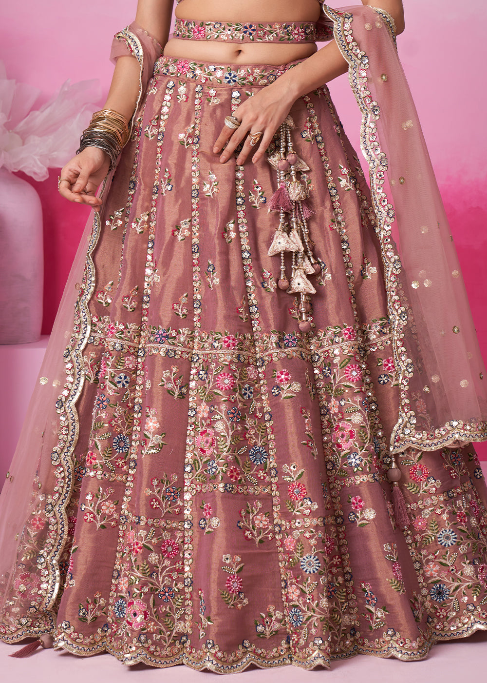 Wild Orchid Pink Net Lehenga Choli Adorned with Moti & Sequins Embroidery Work