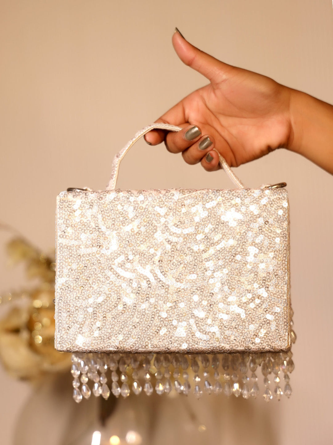 Aksha Silver White Sequence Box Style Clutch