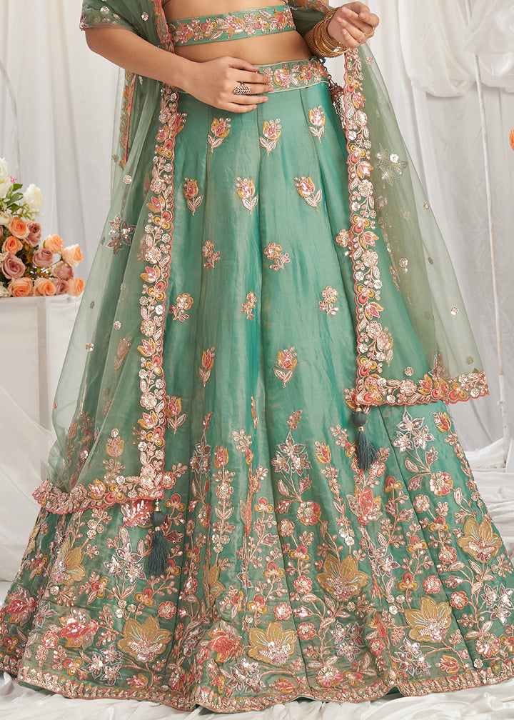 Apple Green organza Lehenga Choli Adorned with Sequins Embroidery Work